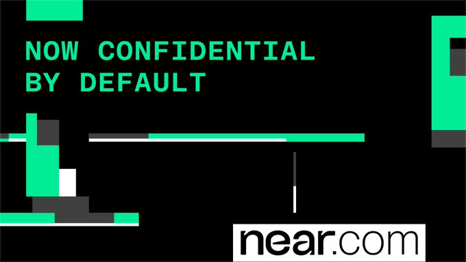 A promotional graphic with green pixel art elements announcing 'NOW CONFIDENTIAL BY DEFAULT' with the 'near.com' logo in the bottom right corner.