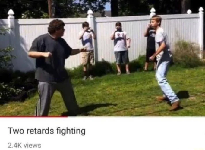A YouTube video thumbnail captioned 'Two retards fighting' showing two young men squaring up to fight in a backyard while others watch.