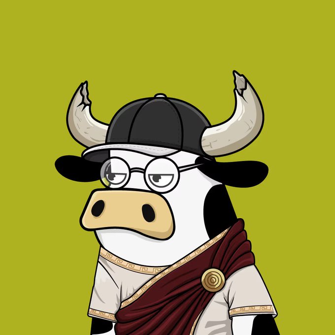 Cartoon NFT-style illustration of a cow character wearing a black baseball cap, white toga with gold trim, and a maroon sash, set against a yellow-green background.