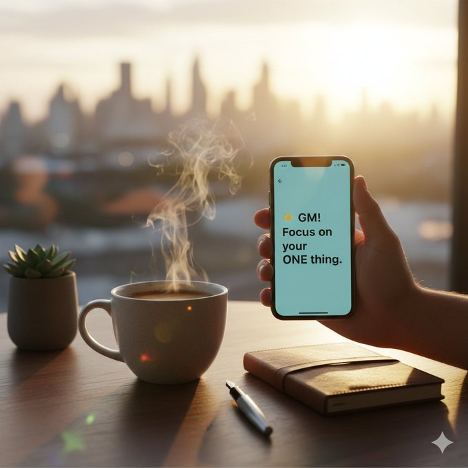 Morning scene with a hand holding a smartphone displaying "☀️ GM! Focus on your ONE thing." next to a steaming cup of coffee on a wooden table with a city skyline at sunrise.