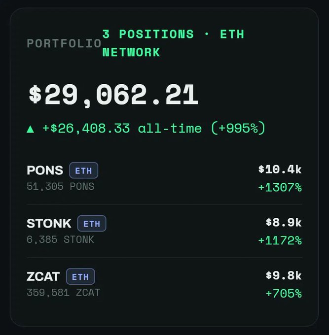 A cryptocurrency portfolio dashboard showing a total value of $29,062.21 with an all-time gain of +$26,408.33 (+995%), displaying 3 positions on the ETH network: PONS (51,305 tokens, $10.4k, +1307%), STONK (6,385 tokens, $8.9k, +1172%), and ZCAT (359,581 tokens, $9.8k, +705%).