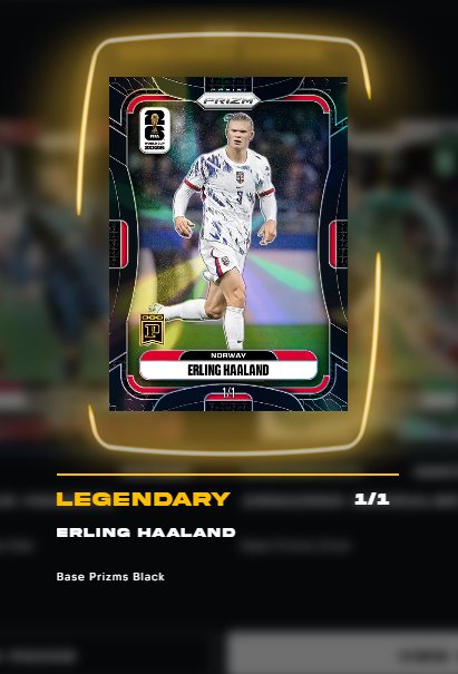 The image shows a digital "Legendary" Erling Haaland trading card from the Panini Prizm Black series, featuring the Norwegian soccer player in a white #9 kit, marked as a rare 1/1 edition. This visually corresponds to the post celebrating the discovery of this exclusive Haaland collectible through Panini's blockchain platform.