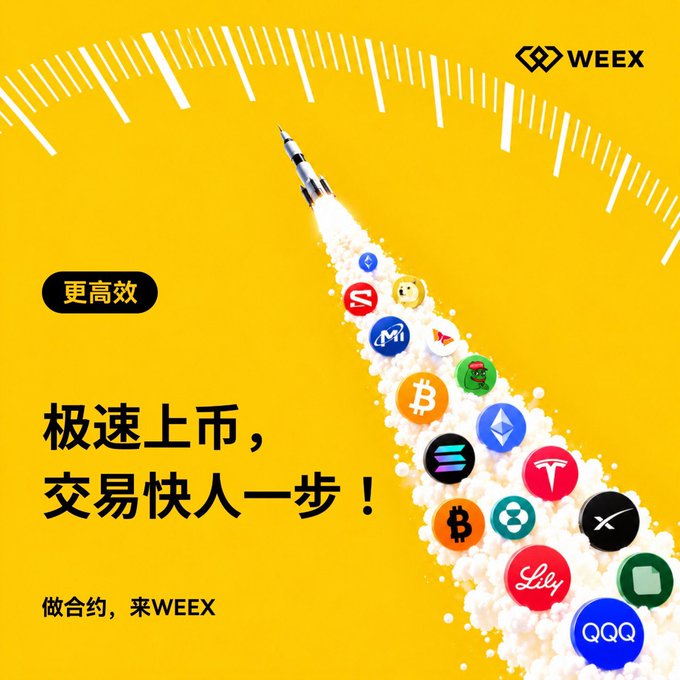 A WEEX advertisement features a rocket blasting off with a speedometer dial in the background, surrounded by various crypto and stock tokens including Bitcoin, Ethereum, Solana, MI, and QQQ, promoting fast token listings with the Chinese text "更高效 极速上市，交易快人一步！" (More efficient, rapid listing, trade one step ahead!) and "做合约，来WEEX" (For contracts, come to WEEX). The imagery reinforces the post's message about expanding beyond just crypto to diverse trading assets for comprehensive market analysis.