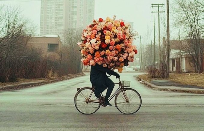 A surreal photo of a person riding a bicycle down a road, holding or obscured by a massive bouquet of colorful flowers.