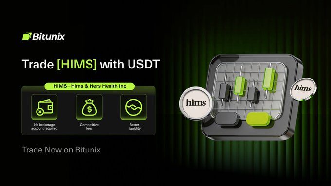 Bitunix promotional banner inviting users to trade HIMS (Hims & Hers Health) with USDT, highlighting no brokerage account, competitive fees, and better liquidity, alongside a 3D candlestick chart graphic.