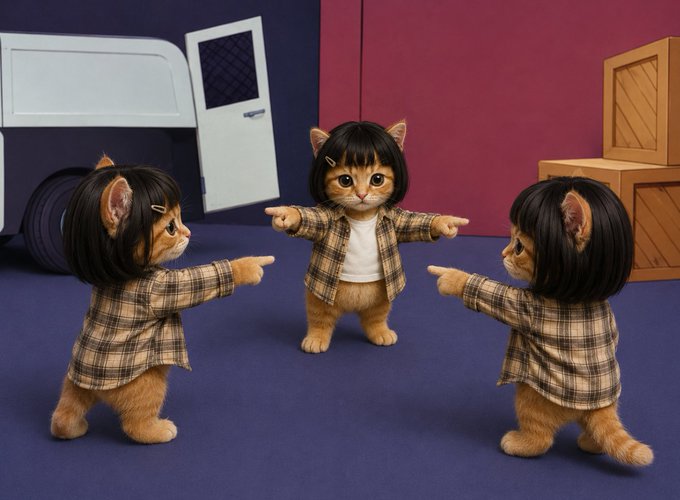 Three kittens with human-like black bob haircuts wearing matching brown plaid shirts, standing on their hind legs and pointing at each other in a playful scene.