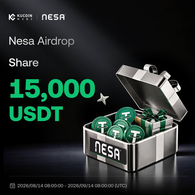 A KuCoin Web3 promotional graphic for the Nesa Airdrop, featuring a silver gift box branded with "NESA" and filled with USDT coins, advertising a prize pool of 15,000 USDT running from 2026/08/14 to 2026/09/14 UTC.