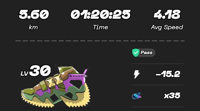 The image shows a STEPN walking run summary displaying 5.60 km in 01:20:25 with an average speed of 4.18, alongside a Level 30 Walker sneaker with a "Pass" status, -15.2 energy, and x35 sneaker tickets, corresponding to the 11th day of the Rainbow Challenge described in the post.