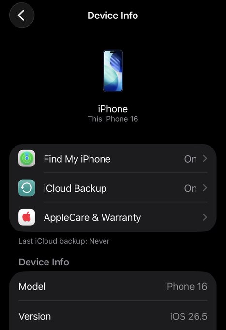 A screenshot of a Device Info page on an iPhone 16 running iOS 26.5, showing Find My iPhone and iCloud Backup toggled On, with a last backup status of Never.