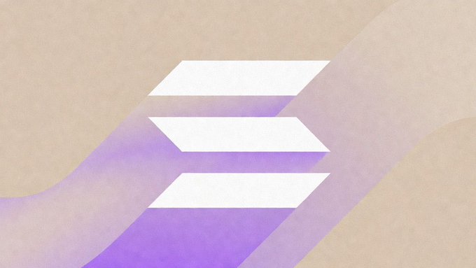 A minimalist graphic of the Solana logo, consisting of three stacked white parallelograms on a purple gradient stripe against a tan background.