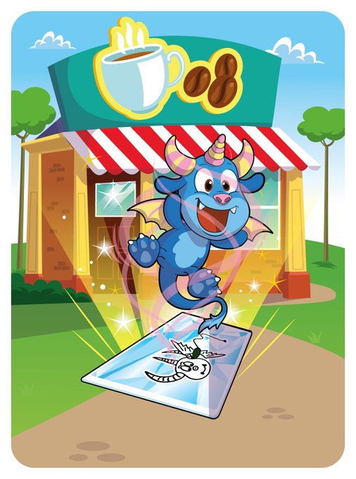 A colorful cartoon illustration of a blue dragon popping out of a smartphone screen in front of a coffee shop with a striped awning.