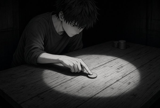 A monochrome illustration shows an anime-style boy leaning over a wooden table in a spotlight, touching a coin.