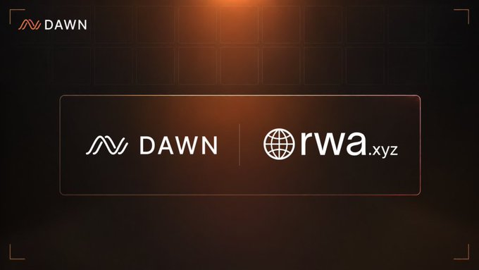 A sleek, dark-themed announcement graphic displays the DAWN and rwa.xyz logos side-by-side in a rounded rectangle, featuring the DAWN wave icon and rwa.xyz globe logo with white text. The banner visually represents the partnership announcement that DAWN's digital infrastructure network is now integrated with RWA.xyz's tokenized real-world asset market intelligence platform.