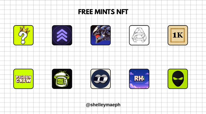 A graphic titled 'FREE MINTS NFT' displaying ten colorful NFT icons in a grid pattern with the handle '@shelleymaeph' at the bottom.