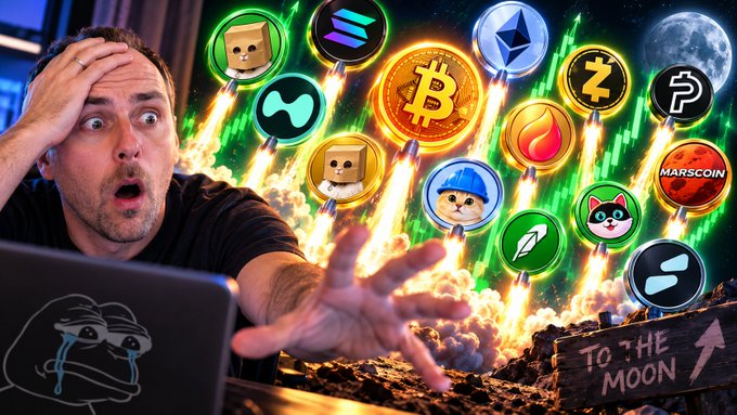 A shocked man in front of a laptop with various cryptocurrency logos (BTC, ETH, SOL, DOGE, etc.) launching like rockets in the background, alongside a 'To The Moon' sign.