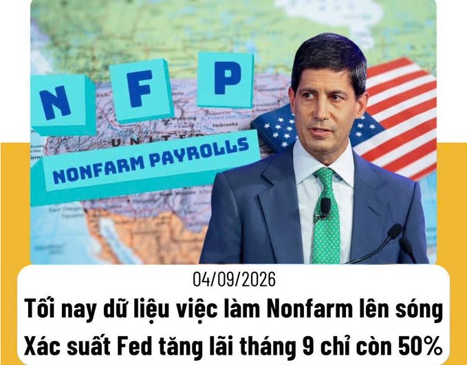 A Vietnamese news graphic dated 04/09/2026 about the US “NONFARM PAYROLLS” report, with a suited man pictured and the headline: “Tới nay dữ liệu việc làm Nonfarm lên sóng, Xác suất Fed tăng lãi tháng 9 chỉ còn 50%.”