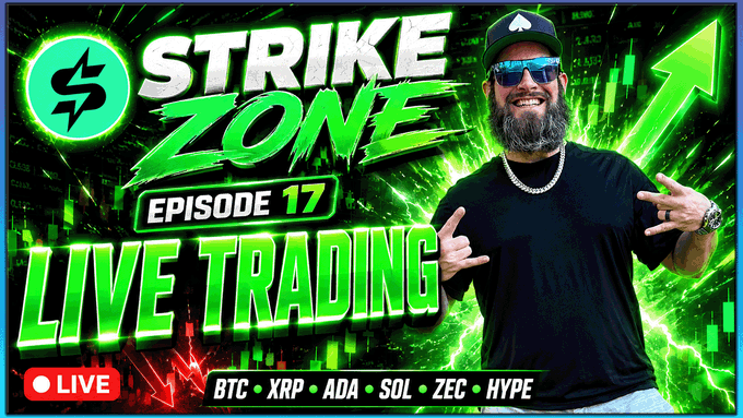 A bold green-themed thumbnail advertises "STRIKE ZONE EPISODE 17 — LIVE TRADING" featuring a bearded man in sunglasses with the cryptocurrencies "BTC • XRP • ADA • SOL • ZEC • HYPE" listed below.