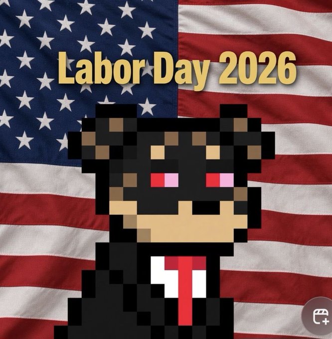 Pixel art of a bear-like character wearing a suit with a red tie against an American flag background, with yellow text reading 'Labor Day 2026' at the top.
