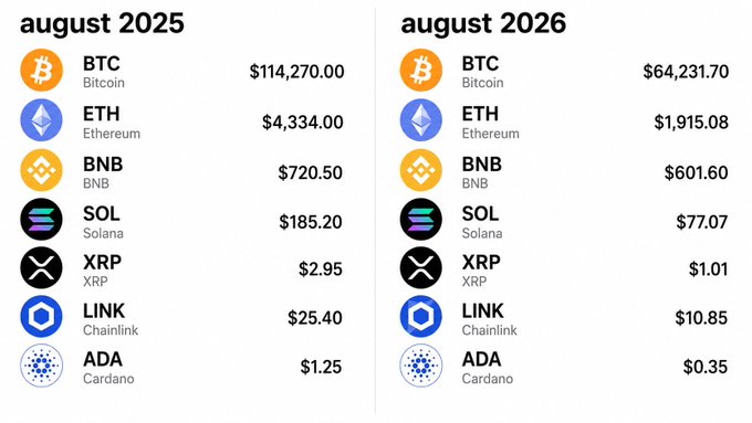 A side-by-side cryptocurrency price comparison showing August 2025 vs August 2026, with BTC at $114,270 dropping to $64,231.70, ETH from $4,334 to $1,915.08, BNB from $720.50 to $601.60, SOL from $185.20 to $77.07, XRP from $2.95 to $1.01, LINK from $25.40 to $10.85, and ADA from $1.25 to $0.35.
