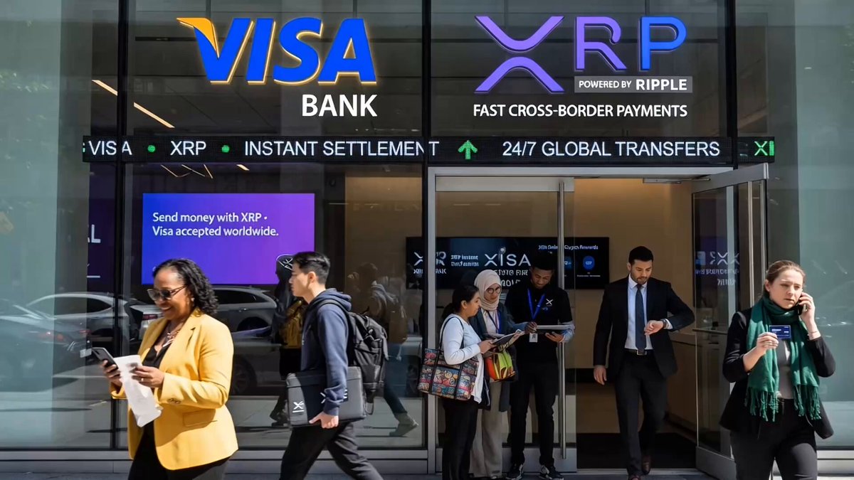 xtrp, visa, and xrp logos are displayed on a glass facade of a building, with people walking by and a sign for "fast cross-border payments".