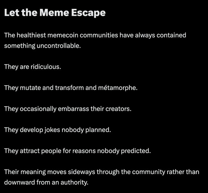 A black slide with white text titled 'Let the Meme Escape' lists bullet points about the uncontrollable nature of healthy memecoin communities.