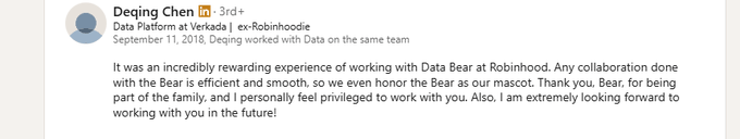 A LinkedIn recommendation from Deqing Chen (Data Platform at Verkada) praising "Data Bear" for their mascot work at ex-Robinhood, paired with a post hyping a viral crypto token $DATABEAR that's reportedly surged to 2M views without dilution.