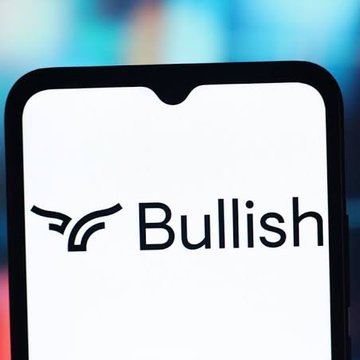 The image displays the Bullish logo on a smartphone screen, representing the cryptocurrency exchange mentioned in the post about their significant $1.28 billion Bitcoin holdings (19,990 $BTC) during Q2.