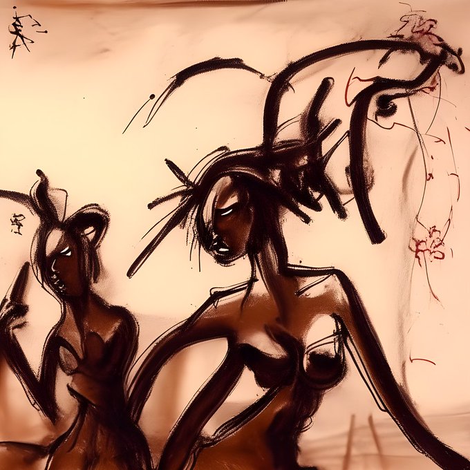 An abstract, sketchy digital artwork in brown and black tones depicts two stylized, elongated female figures alongside calligraphic characters resembling East Asian writing.