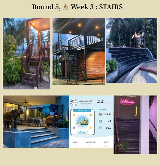 A collage of five stairs-themed photos taken during STEPN's Round 5 Week 3 Street Hunt, featuring wooden beach stairs, a metal staircase beside a curry shop, tiled amphitheater steps, an elephant-statue entrance, and stairs leading to a neon "Hair Beauti" sign, alongside an in-app screenshot showing a Bulbasaur encounter with a +20.0 Energy buff and a score of 553.53.