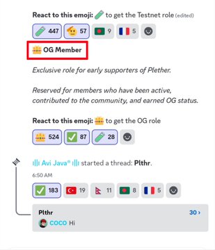 A screenshot of a Discord server showing community roles available through emoji reactions: 447 users reacted to get the "Testnet" role and 524 reacted to get the "OG" role. Below is a post by Avi Java announcing Plthr (Pth), showing 183 reactions and a price of 30, illustrating the active community engagement around the Plether testnet launch on Arbitrum mentioned in the post.