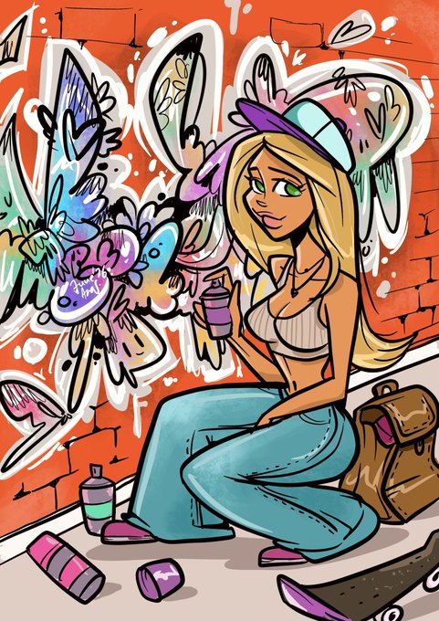 A vibrant digital illustration of a blonde woman with green eyes and a purple cap, sitting on the ground against a graffiti-covered brick wall, holding a spray paint can with colorful paint splatters around her.