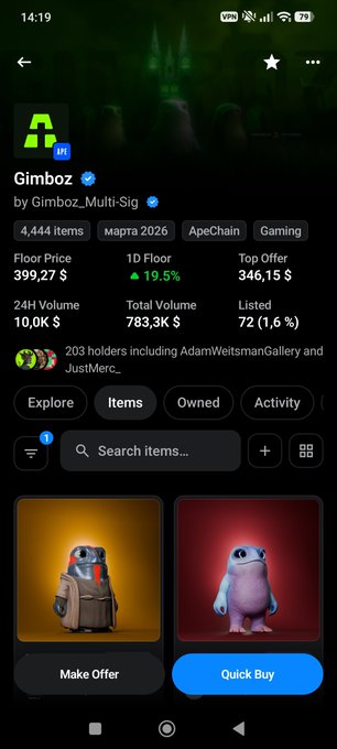 A screenshot of the GIMBO NFT collection page on OpenSea, showing 4,444 items with a floor price of $399.27 (up 19.5% in 24H), volume of 10K, and 203 holders including AdamWeitsmanGallery. The image aligns with the "gm" post's bullish sentiment, showcasing two character NFT items (a robotic figure and a purple creature) available for purchase, reflecting the BAYC/ApeChain ecosystem mentioned with @apechurch and @OthersideMeta.