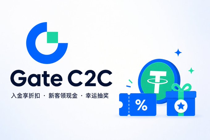 A promotional banner for 'Gate C2C' featuring a blue and green logo, Chinese text translating to deposit discounts, new user cash rewards, and lucky draws, alongside graphics of a gift box and discount coupon.