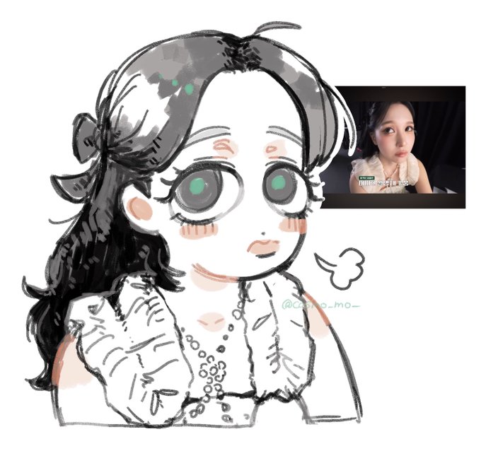A digital drawing of a girl with large eyes has an inset video of a young woman in the upper right, with the watermark '@chono_mo_' visible.