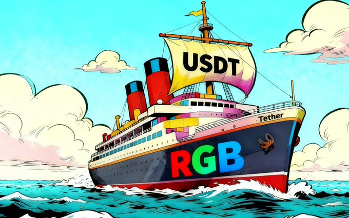 A colorful cartoon ship sailing on the sea with 'USDT' on its sail and 'RGB' on its hull, labeled 'Tether'.