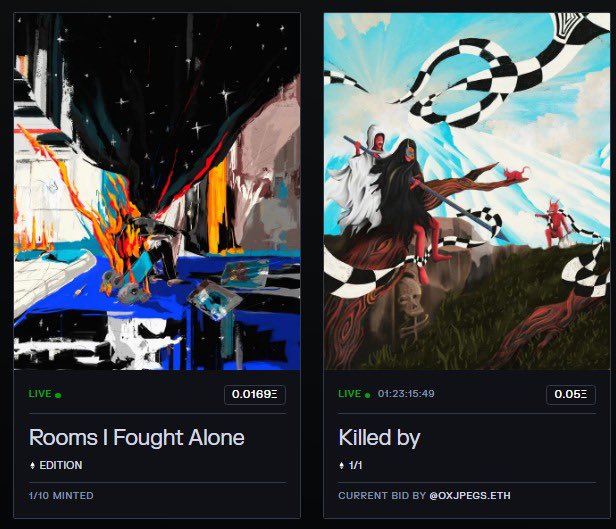 Two digital art NFT listings displayed side by side: 'Rooms I Fought Alone' (1/10 minted, live at 0.0169Ξ) and 'Killed by' (1/1, ending in 01:23:15:49, current bid by @OXJPEGS.ETH at 0.05Ξ).