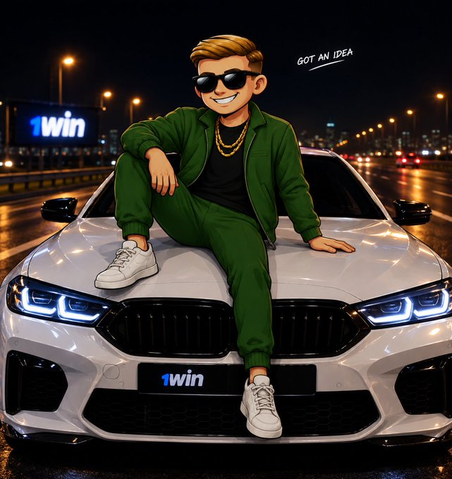 A cartoon-style illustration shows a smiling blonde man in sunglasses and a green tracksuit sitting on the hood of a white BMW with the text '1win' on a billboard and license plate, with 'GOT AN IDEA' written above.