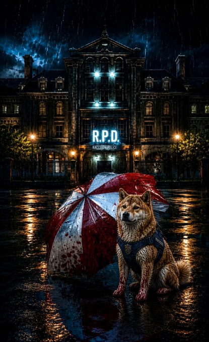 A dark, atmospheric digital artwork depicting a Shiba Inu dog wearing a harness, sitting beside a blood-spattered red and white umbrella. In the background, an ornate building bears a glowing 'R.P.D. RACCOON POLICE' sign under a rainy, stormy sky.