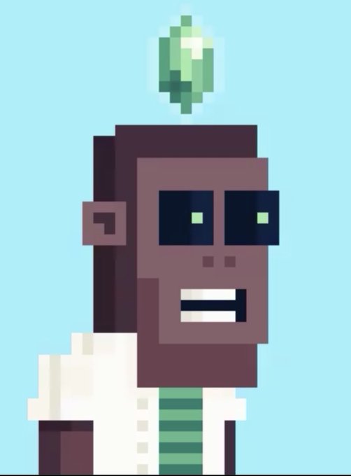 A pixel art illustration of a dark-skinned character with green eyes, a smiling mouth, and a glowing green crystal floating above their head, set against a light blue background.