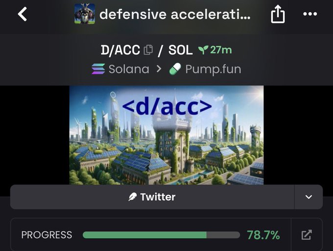 A screenshot shows a cryptocurrency token called 'defensive accelerati...' (D/ACC) on the Solana network via Pump.fun, with a progress bar at 78.7% and an AI-generated image of a green futuristic city.