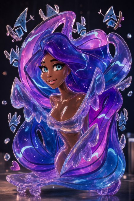 A 3D-rendered artistic figure of a woman with long, flowing purple and blue hair and crystalline elements, surrounded by small geometric characters in a dark setting.