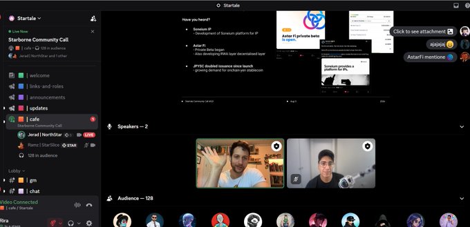 A screenshot of a Discord community call for 'Starbale Community Call' featuring a presentation slide, speakers in video tiles, and an audience of 128.