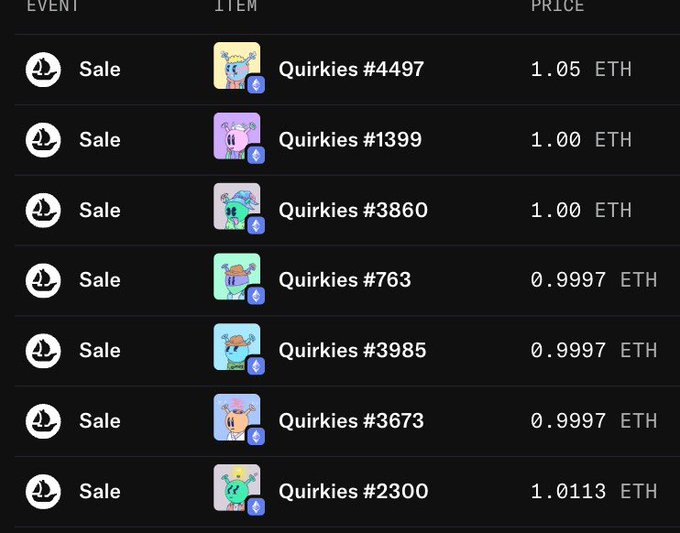 A screenshot of an NFT marketplace listing various 'Quirkies' for sale in ETH, with prices ranging from 0.9997 ETH to 1.05 ETH.