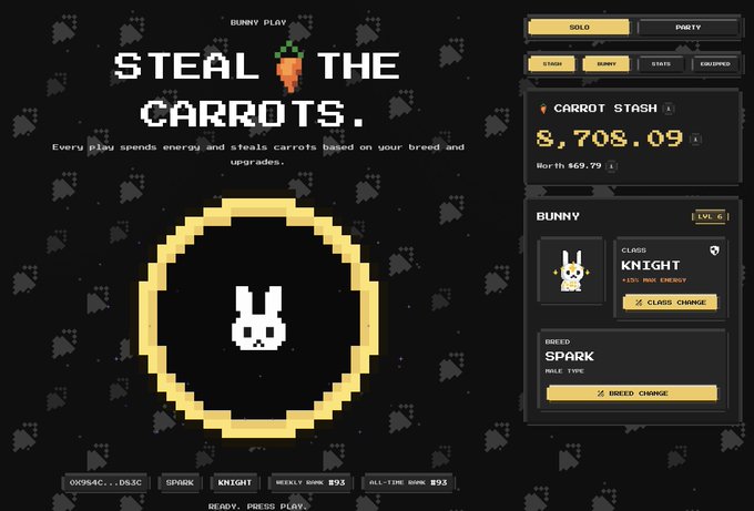 The image shows a screen from an online video game titled "Steal the Carrots." The game features a rabbit as its central character, which can be seen interacting with carrots. Players are earning carrots by completing various tasks within the game's mechanics, such as harvesting and selling them in the marketplace or managing their farms effectively.