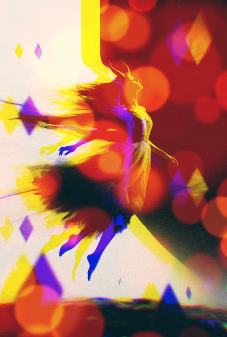 An abstract artistic image of a silhouetted figure radiating vibrant yellow, red, and blue light against a background of colorful bokeh and geometric shapes.