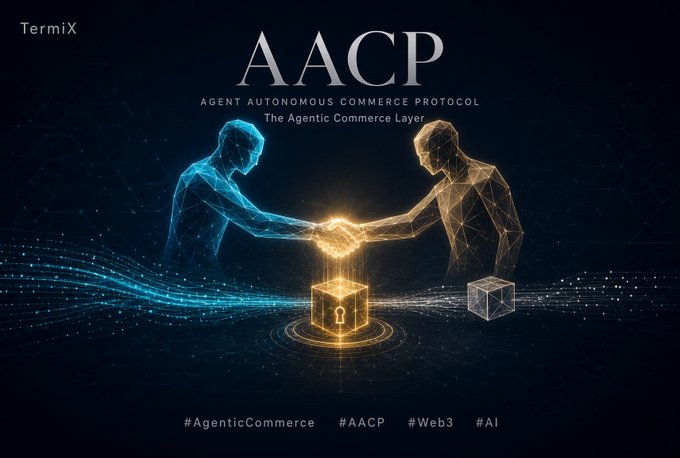 A promotional graphic for 'AACP - Agent Autonomous Commerce Protocol,' showing two holographic figures shaking hands over a glowing padlock, branded 'TermiX' with hashtags #AgenticCommerce, #AACP, #Web3, #AI.