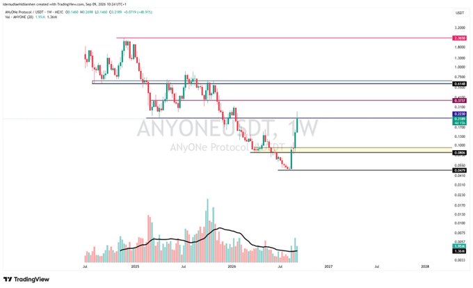 A TradingView weekly chart of $ANYONE/USDT on Coinbase showing a deep downtrend from highs near 3,000 down to the 0.04 range, with recent price action attempting a bounce off lows, supporting the post's claim of a high-multiple gain and teasing further analysis of the privacy token.
