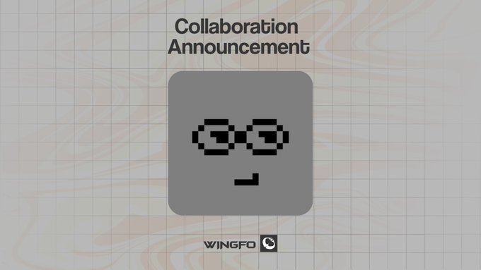 A 'Collaboration Announcement' graphic featuring a pixel art face with pixelated sunglasses and the Wingfo logo.