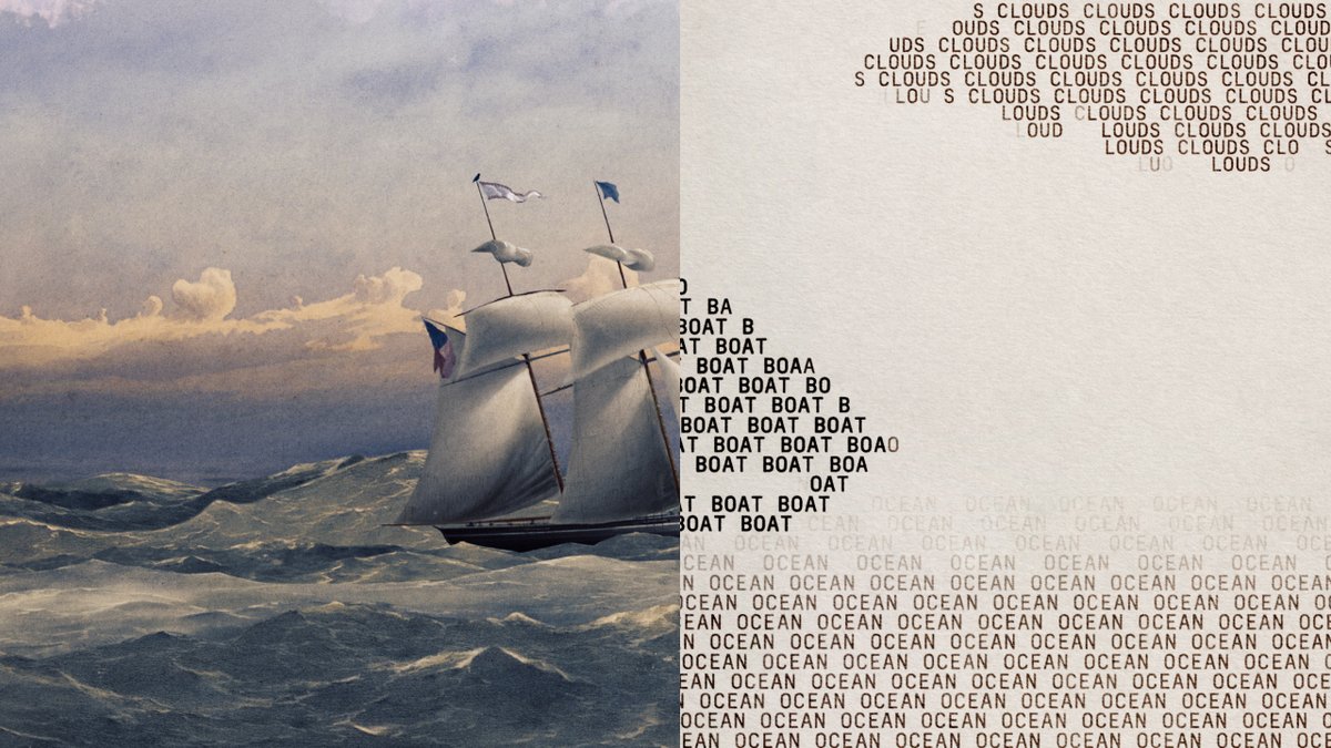 An artistic image of a sailing ship on rough ocean waters, with the words 'CLOUDS', 'BOAT', and 'OCEAN' repeated in a cloud-like text pattern forming the shapes seen in the painting.