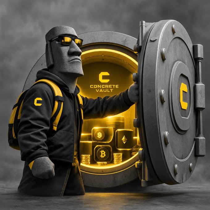 A stylized 3D rendering shows a stone-like figure with yellow sunglasses opening a large vault labeled 'C CONCRETE VAULT' to reveal glowing gold bars and cryptocurrency tokens.